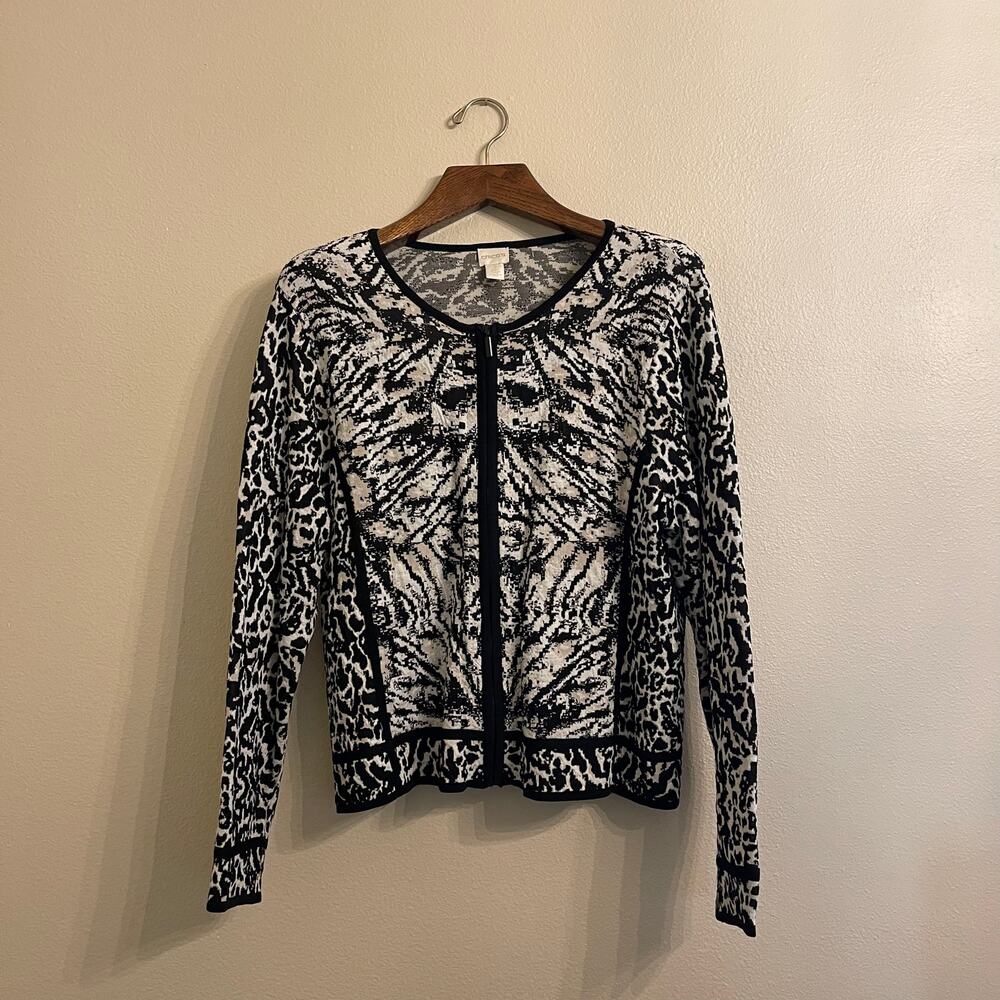 Chicos Zip Up Jacket Cardigan Leopard Animal Printed Women's Size 3/ US Large